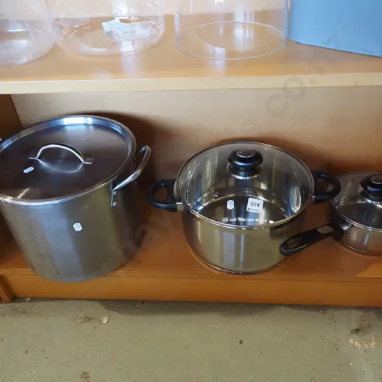 stock pot, 2x other glass top pots