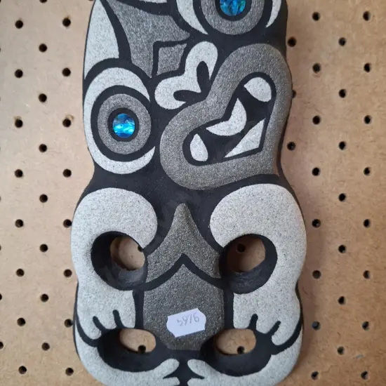 contemporary composite wall hanging  tiki with paua inset eyes
