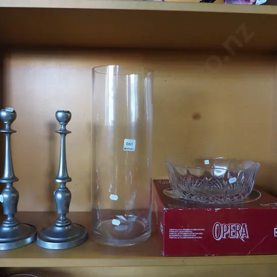 cast alloy candlesticks, bowl, tall cyclindrical vase H-400