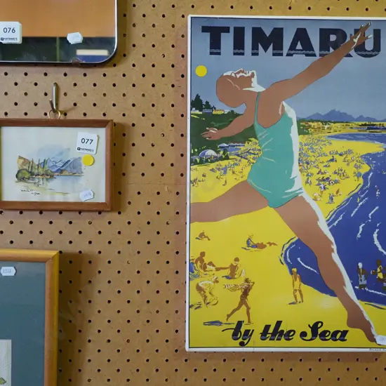 reproduction Timaru promotional print on boxed canvas, very small watercolour - Lake Wanaka - yellow dots