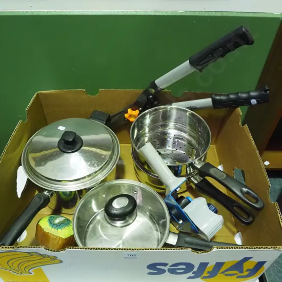 box; pots, pans, hedge trimmers etc