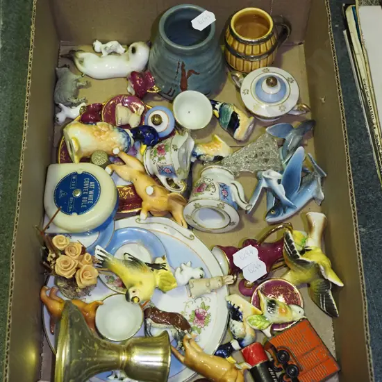 box; miniatures, figurines, candlestick etc
