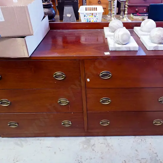mahogany 6 drawer low boy with brass drop handles H-670 W-1220 D-455