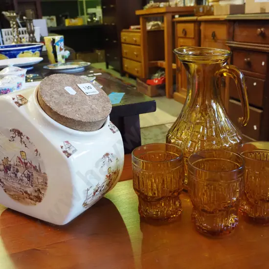 amber jug, tumblers, coaching days biscuit barrel