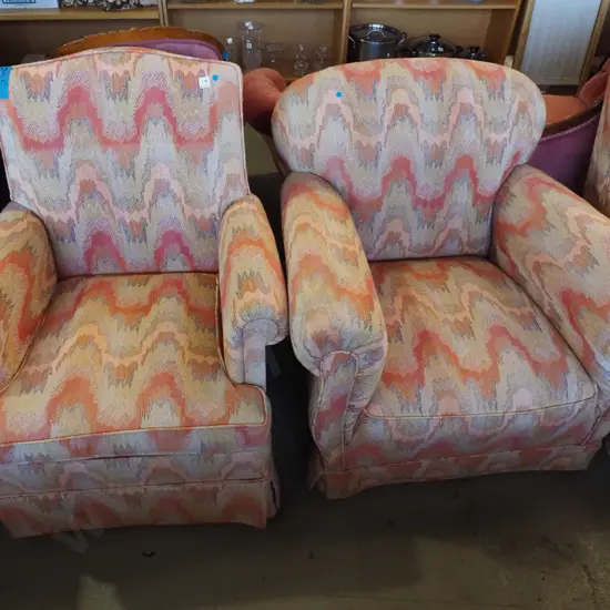 2x multi coloured upholstered armchairs - blue dots