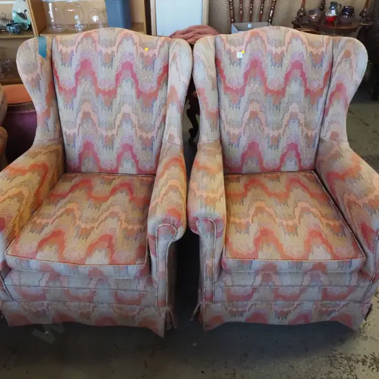 2x multi coloured upholstered wingback armchairs - yellow dots