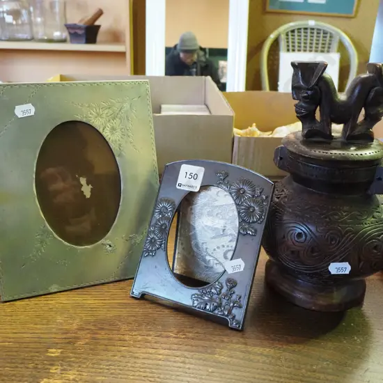 2x picture frames, carved wooden temple jar