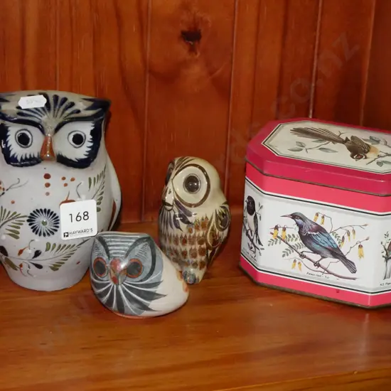 ceramic owls, Birds of NZ tea tin