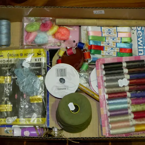 box; sewing threads, ribbons etc