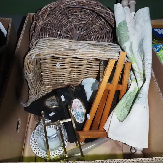box; cane baskets, artists easel, small prints, needleworks etc