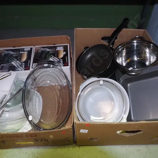 2x boxes of kitchen items; champagne flutes, colander, electric knife etc - red dots