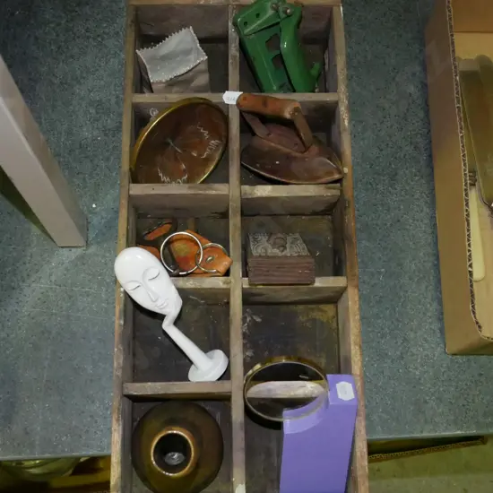 segmented wooden box, bottles, hole punch etc