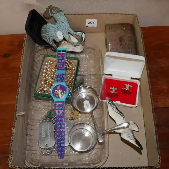 box; Star Wars watch, bird figurine, NZ Post Office cuff links etc