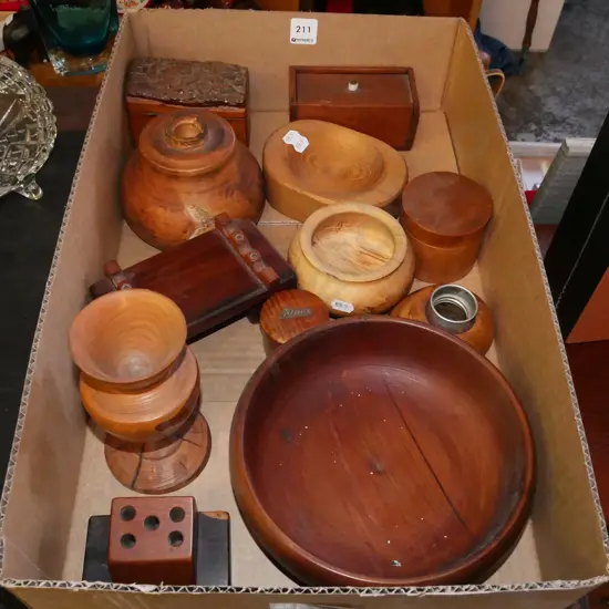 turned wooden bowls, wooden trinket boxes etc