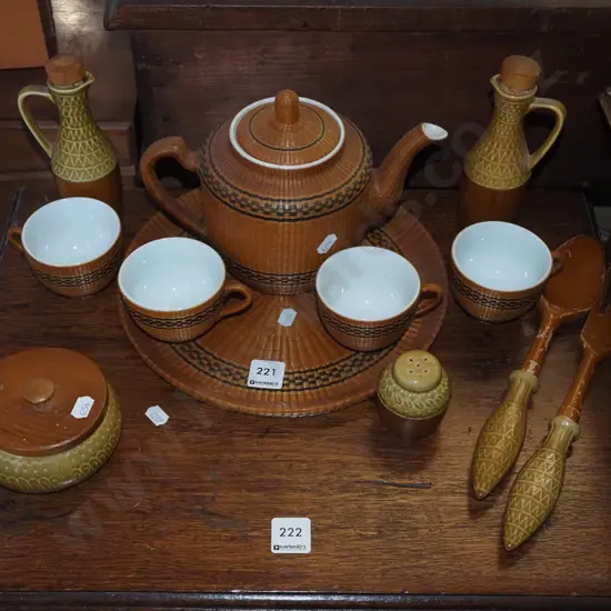 mid-century salad servers, tea service, bottles etc