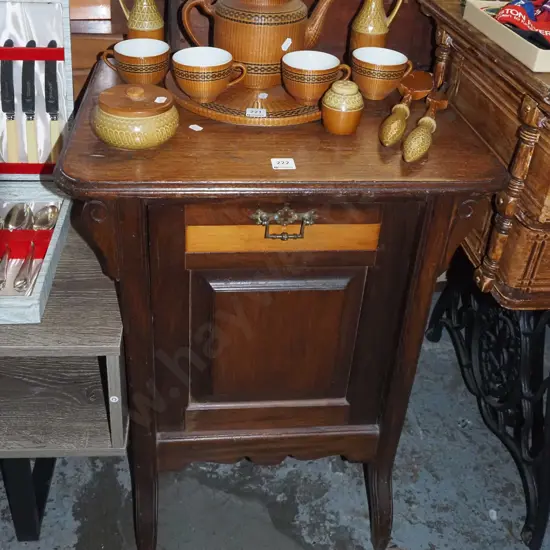 mahogany drop front storage chest with removable tin liner 