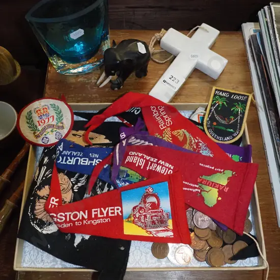 glass vase, elephant, crucifix, pendants, coins