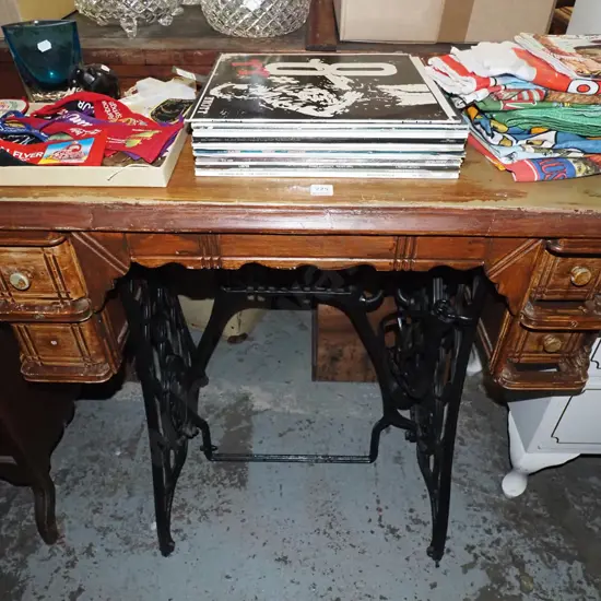 Singer treadle sewing machine base converted to hall table