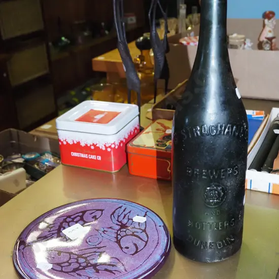 vintage Strachan beer bottle, studio pottery heat plate