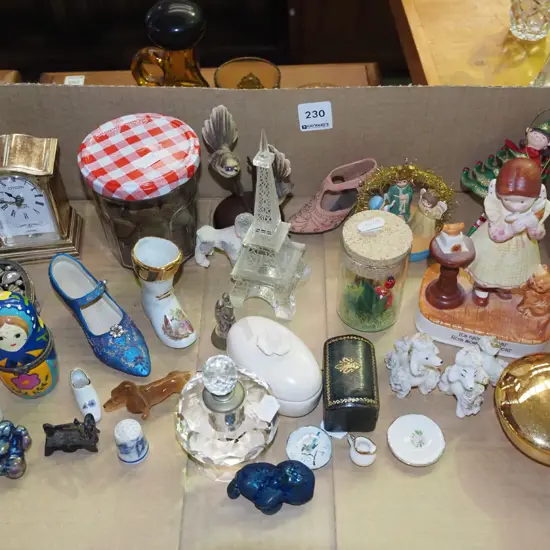 box; coins, bedside clock, figurines etc