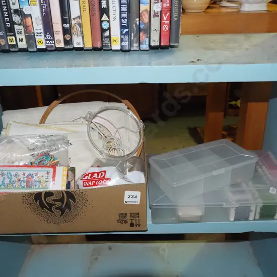 plastic container; threads, partly finished needleworks etc