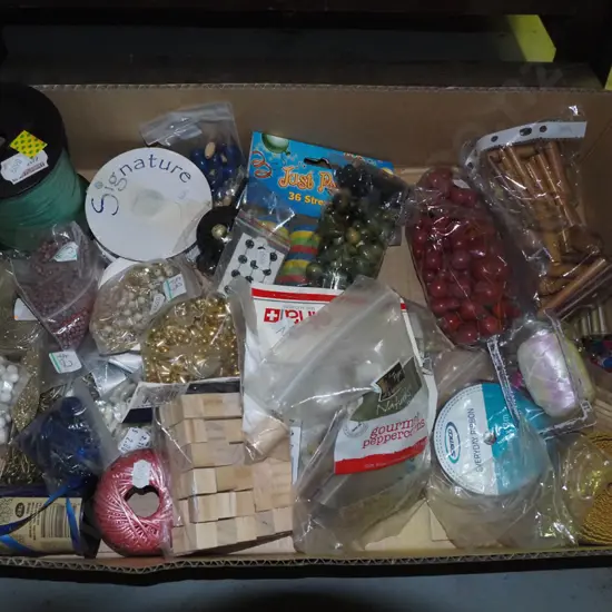 box; crafting supplies, beads, ribbons, string etc