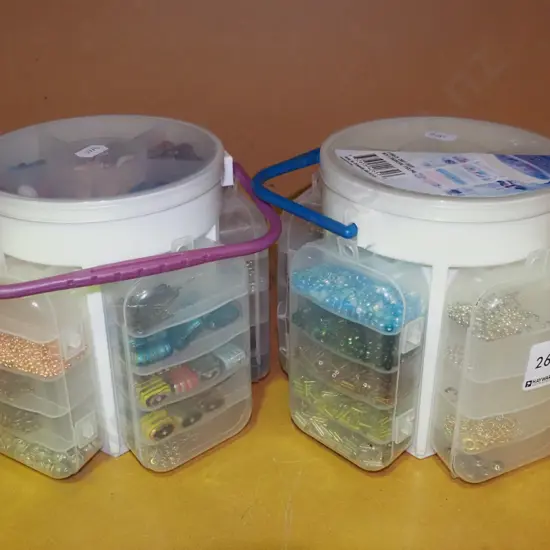 2x plastic containers of various beads, clasps etc