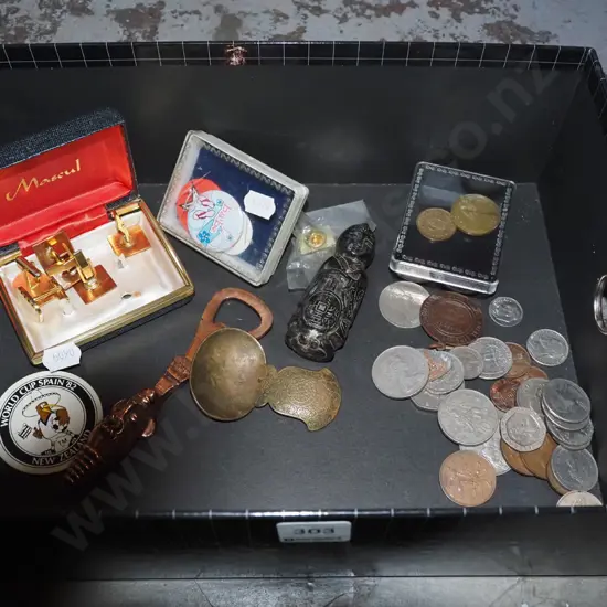box; cuff links, coins, badges etc