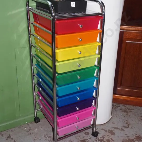 10x multi coloured plastic trays on chrome stand with casters H-960