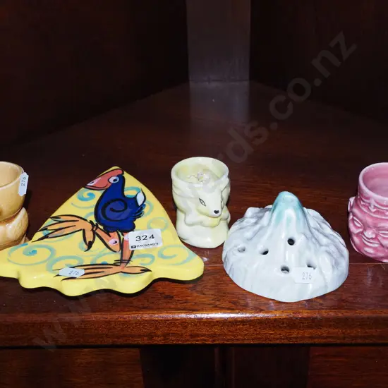 egg cups, hat pin stand, pukeko themed trivet