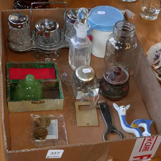 box; condiment set, inkwell, bottle opener etc