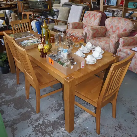 modern solid oak dining table with 4 matching dining chairs and bench seat H-760 W-1800 D-850