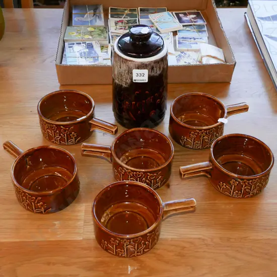 sugar canisters, Crwon Lynn short handled soup bowls