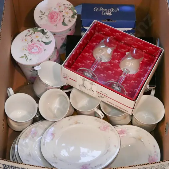 box; cups, plates, wine glasses etc