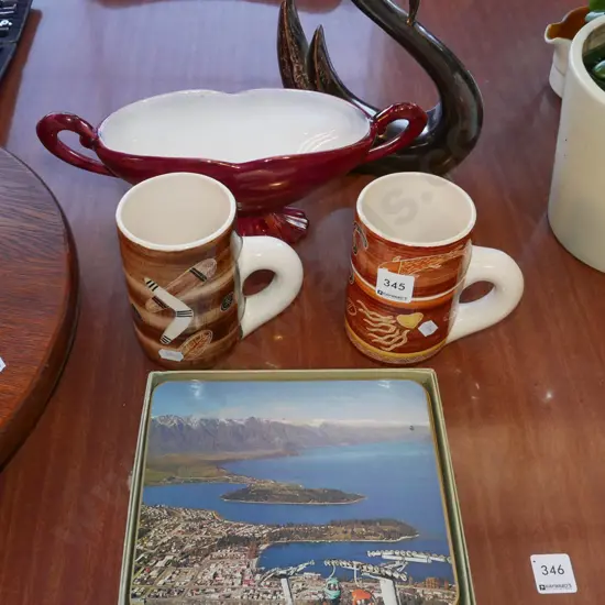 Queenstown placemats, vase, swan figurine, beer mugs