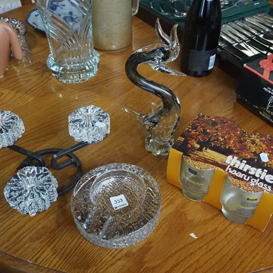 glass figurines, ash tray, crystal tumblers