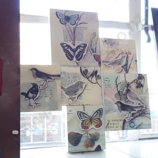 6 part print on boxed wood - birds and butterflies