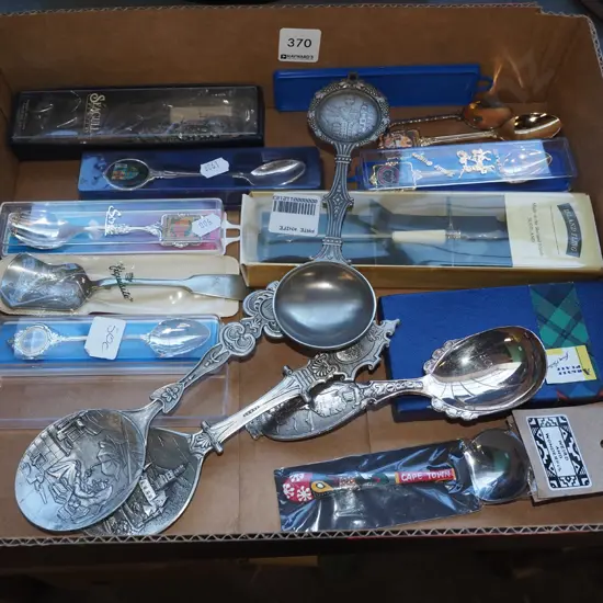 box of teaspoons, pewter serving spoons
