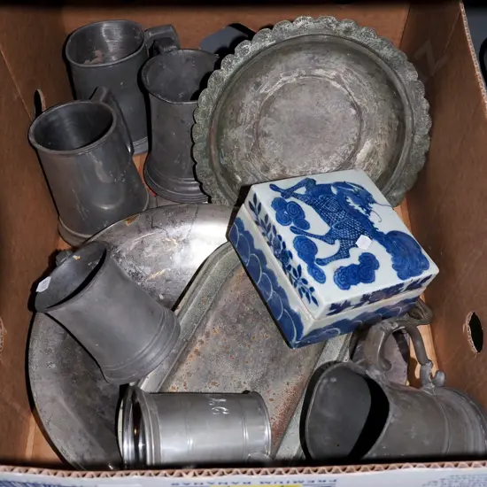 box; blue and white ceramic box, pewter tankards, plated ware etc