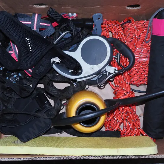 box; ropes, small watering can, dog leads, harnesses etc