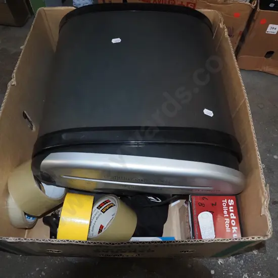 box; paper shredder, tapes, part paper ream etc