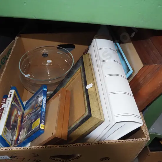 box; DVDs, glass bowl, picture frames etc