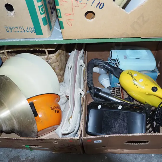 2x boxes; light shades, car vac, slide projector etc - red dots