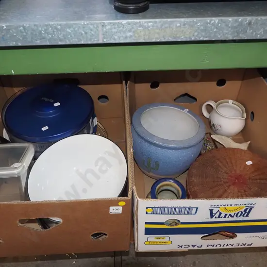 2x boxes; salad spinning, frying pan, milk jug etc - yellow dots