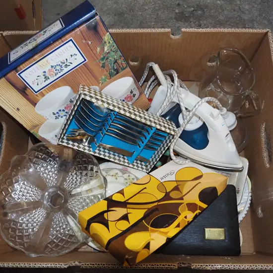 box; iron, rammekins, comport, cutlery etc