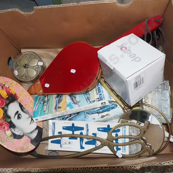 box; large brass tongs, bellows, light fitting etc