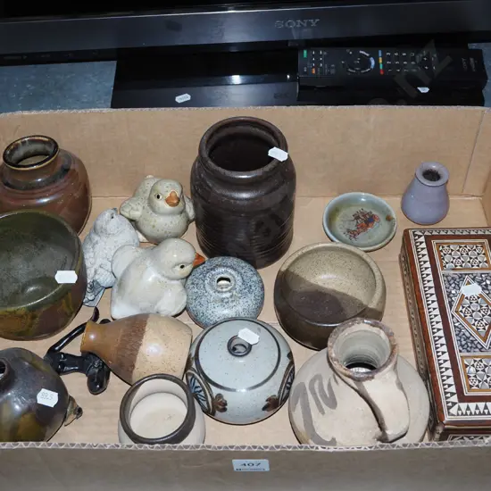 box; bird figurines, pottery dishes, shell inlaid box etc