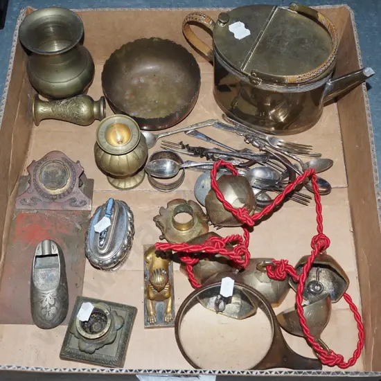 box; brass teapot, bowl, cutlery, corkscrew, bells etc