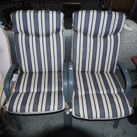 2x alloy outdoor chairs with grey and cream striped squabs