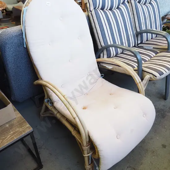 bamboo and cane patio chair with deep buttoned squab - has staining, needs attention